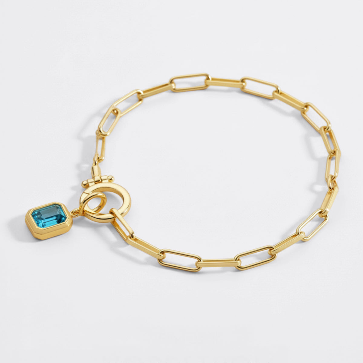 Baguette Birthstone Charm on Mint Paperclip Bracelet