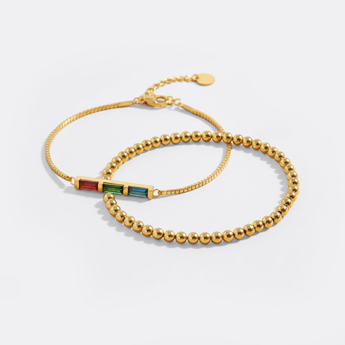 Dainty Baguette Birthstone Bracelet and Beaded Stacking Bracelet Set