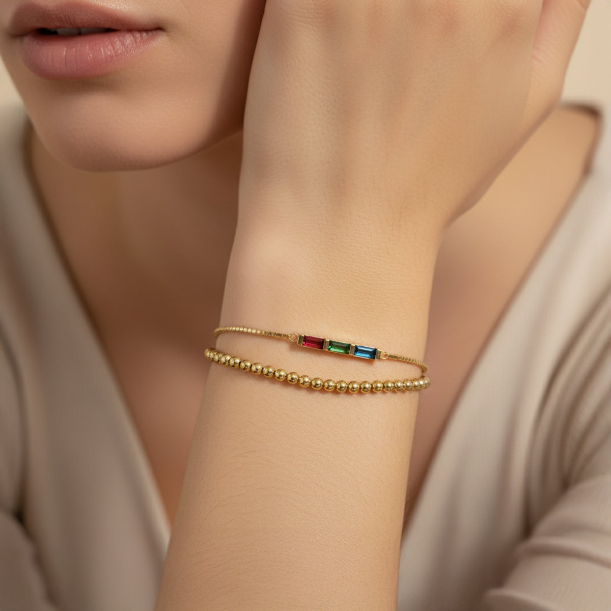 Dainty Baguette Birthstone Bracelet and Beaded Stacking Bracelet Set