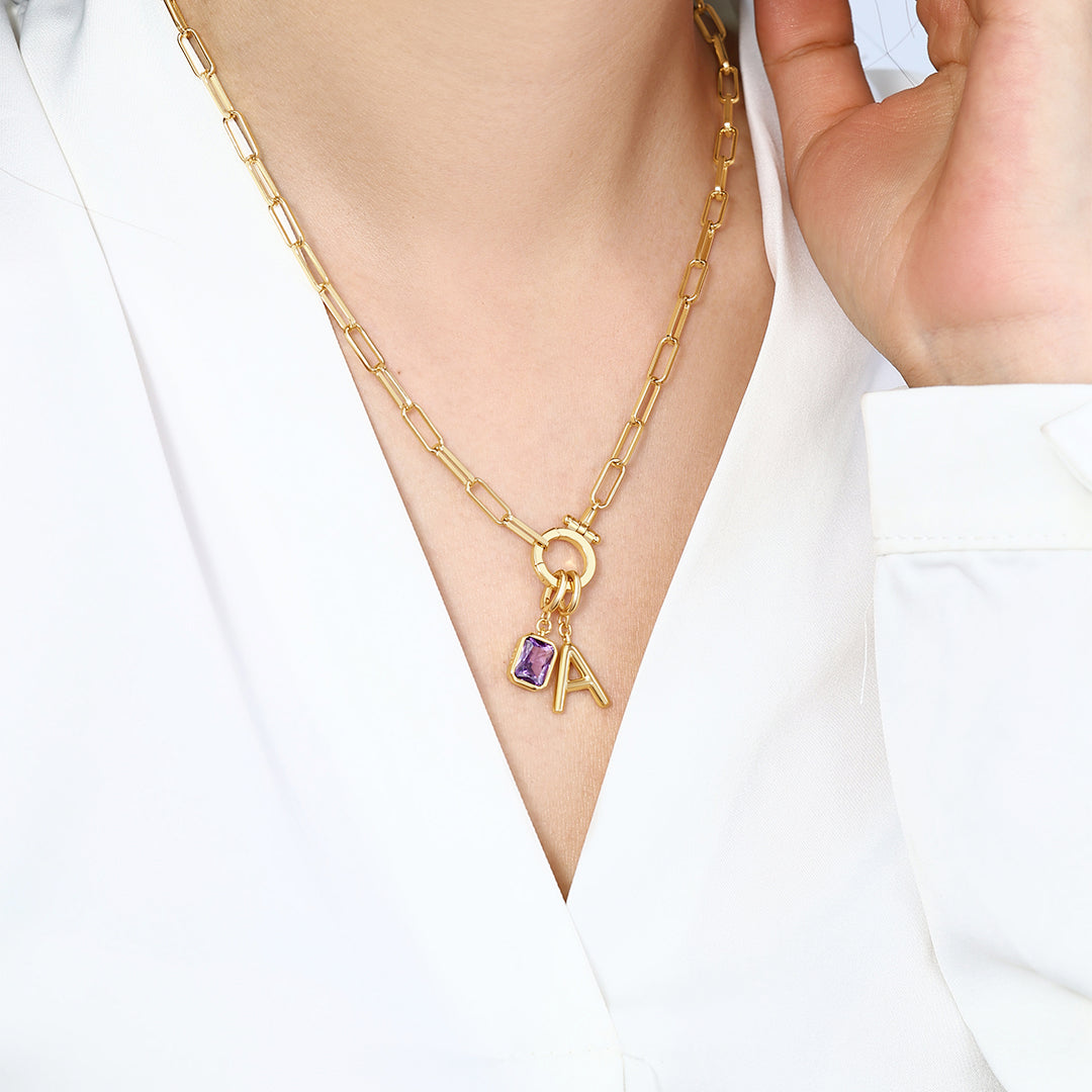 Voure Paperclip Necklace with Initial & Birthstone Charm