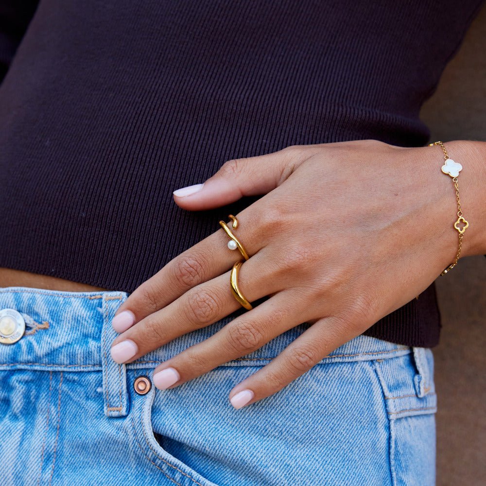 Geometric Gold & Pearl Ring