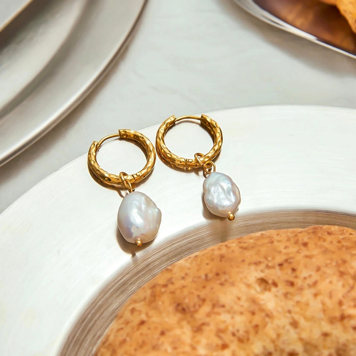 Gold Hammered Pearl Hoop Earrings