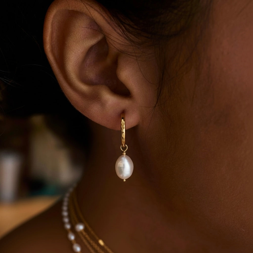 Gold Hammered Pearl Hoop Earrings