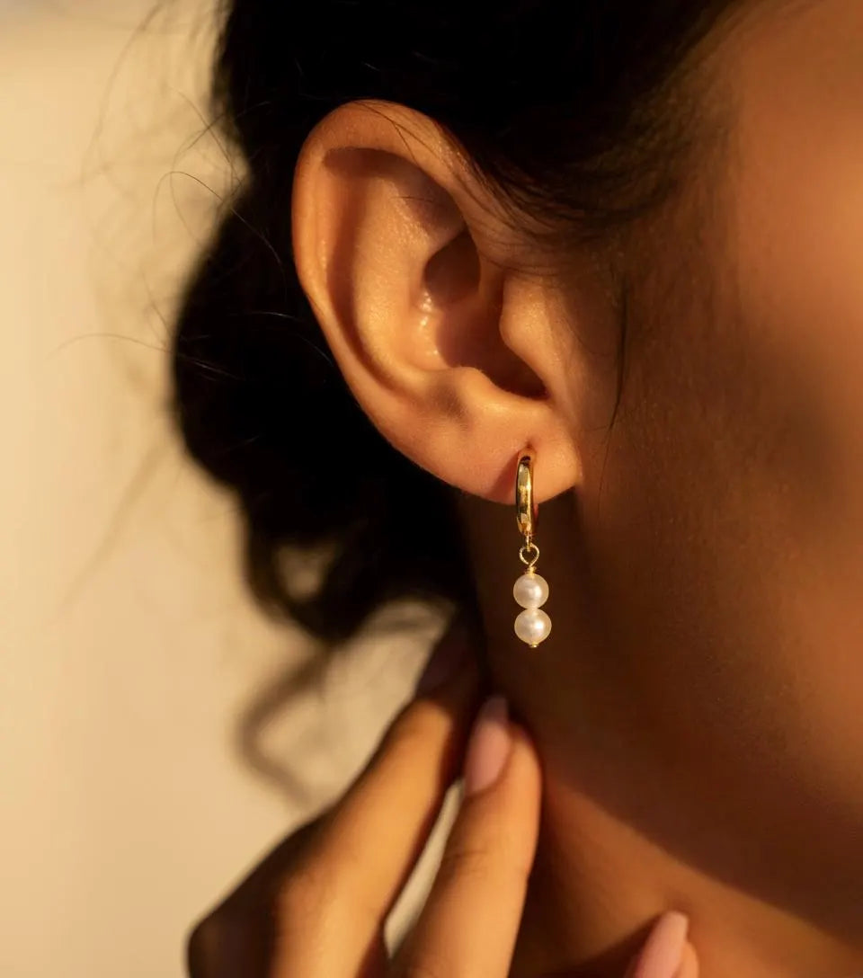 Gold Pearl Drop Hoops