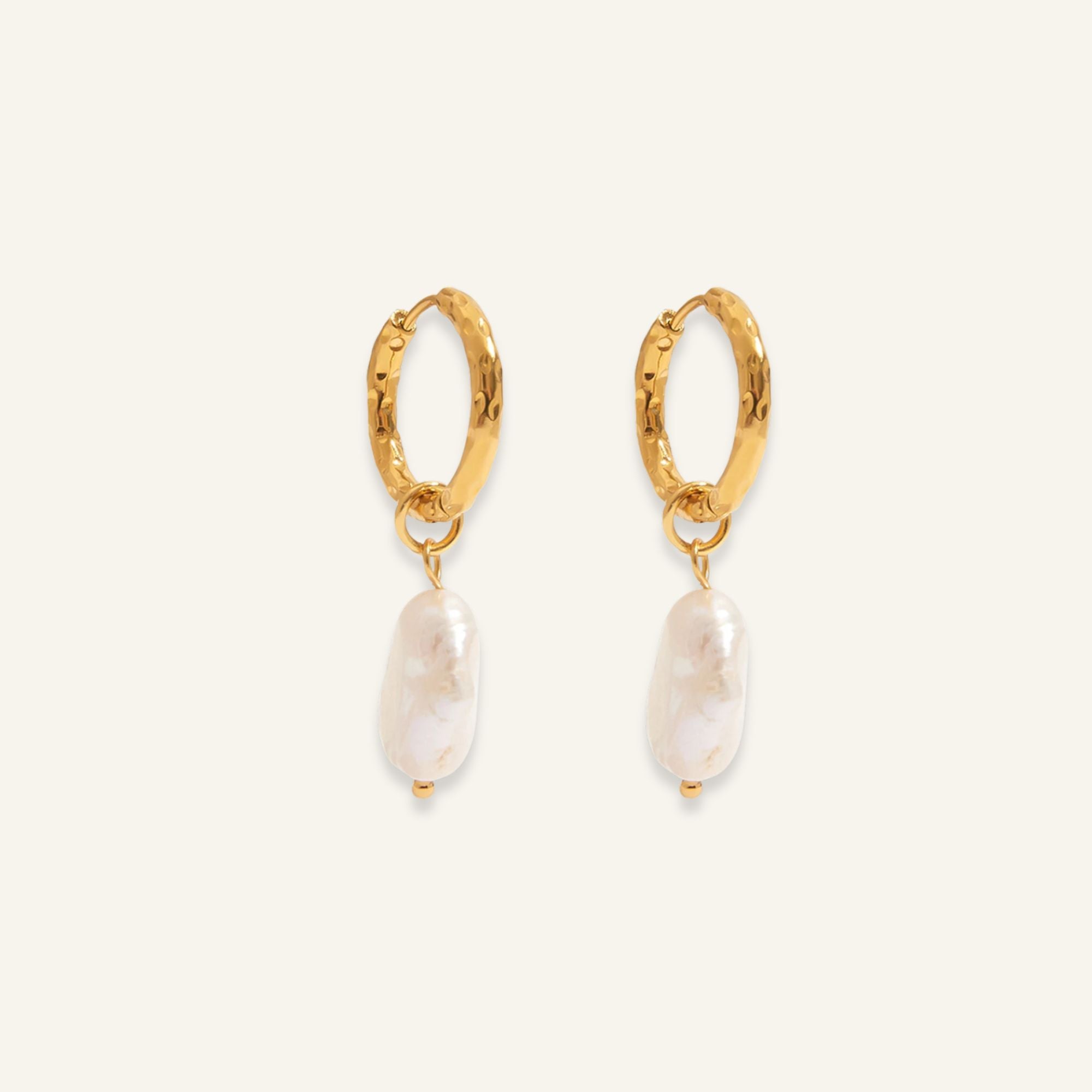 Gold Hammered Pearl Hoop Earrings