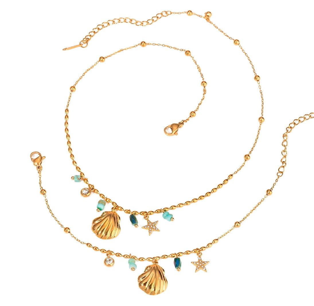 Gold Shell Jewelry – Turquoise Beaded Necklace, Bracelet, or Set