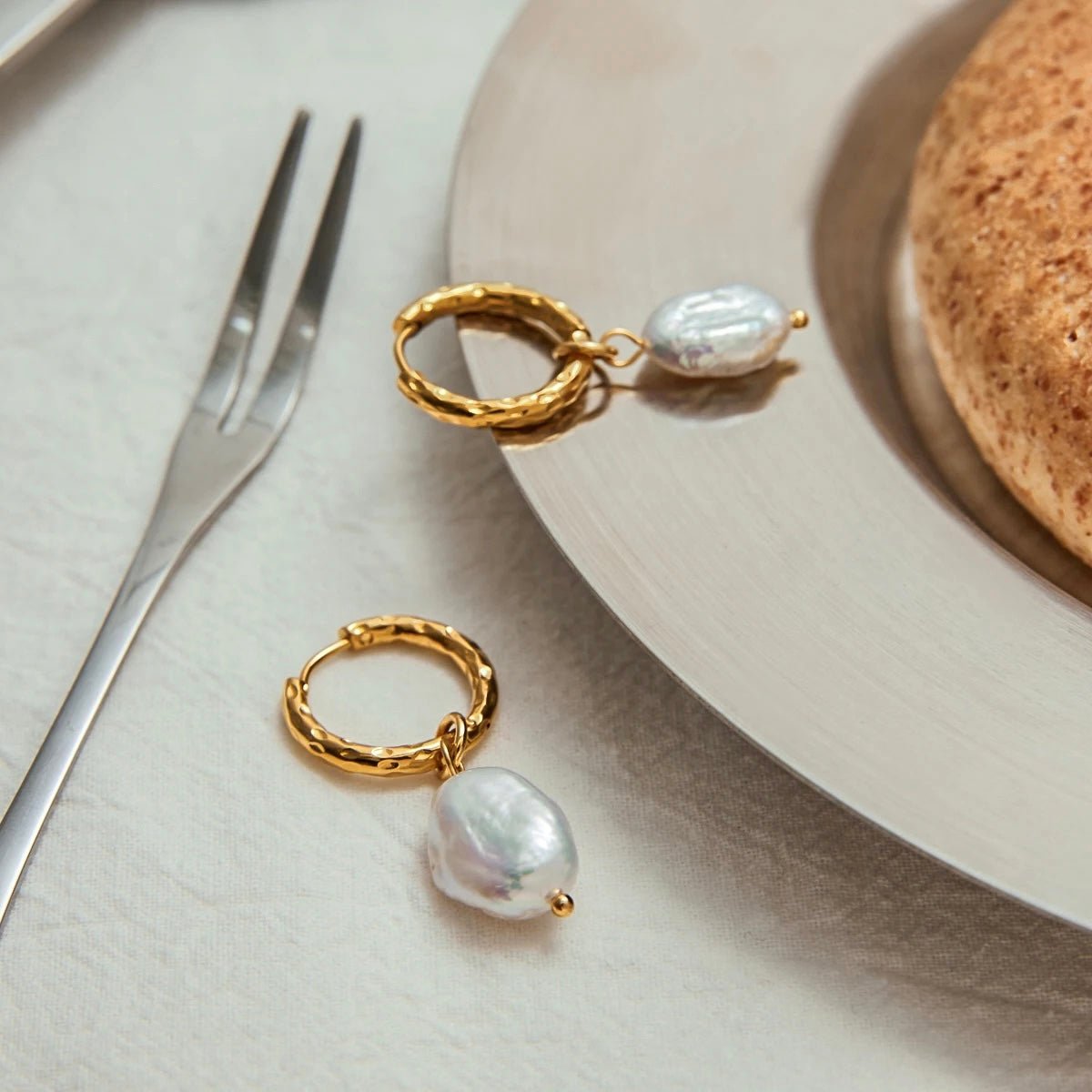 Gold Hammered Pearl Hoop Earrings